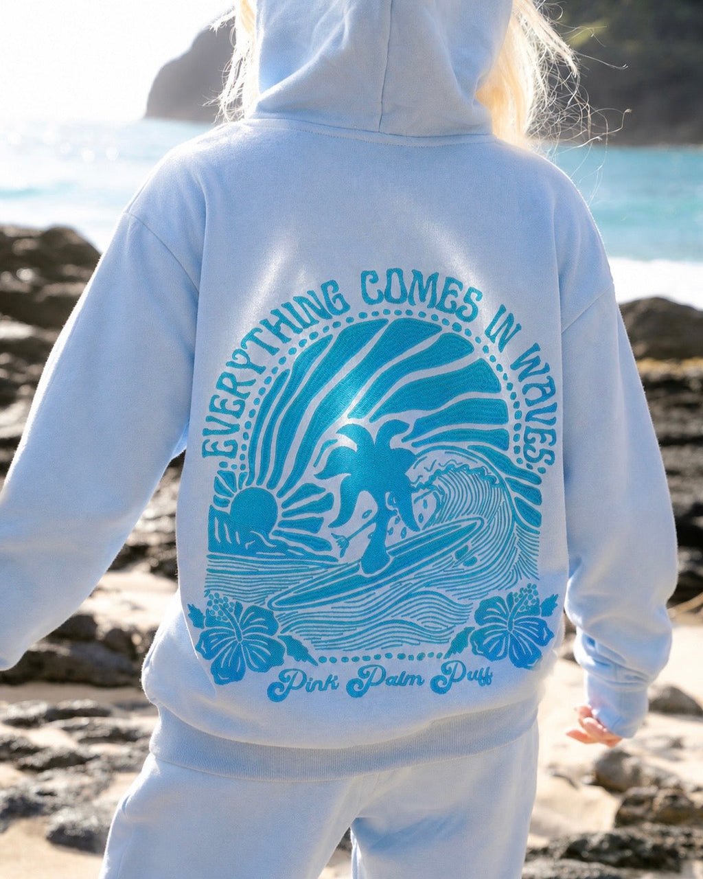 "Everything Comes in Waves” Hoodie in Blue